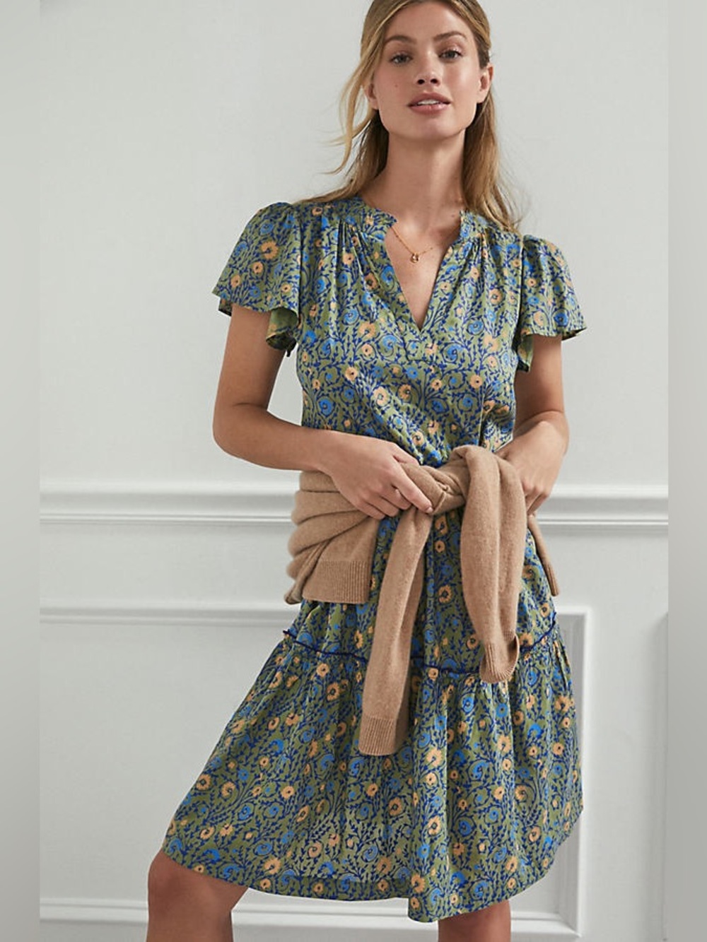 Anthropologie Penrose Tiered Tunic Dress Floral Green Blue Size S Boho